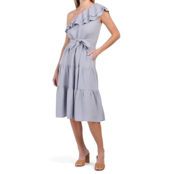 Nicole Miller Asymmetrical One Shoulder Ruffle Trim Linen Tiered Midi Dress - Picture 1 of 13